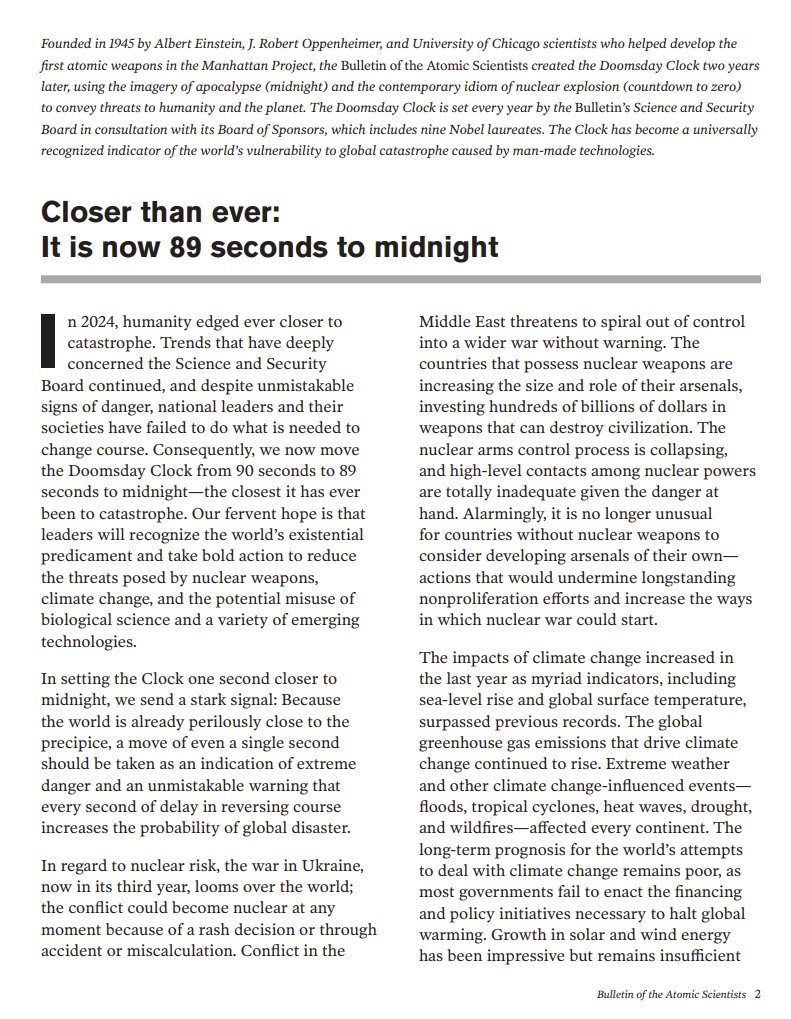 HaydnBelfield's tweet photo. As I do every year, I encourage people not just to look at the time on the Doomsday Clock (89 Seconds to Midnight!) but also to read the Bulletin's Statement.

Wonderful &amp; concise overview of the catastrophic risks we face.

I've put literally all of it in this &amp; the next tweet! https://t.co/OYQ3z6nLlu