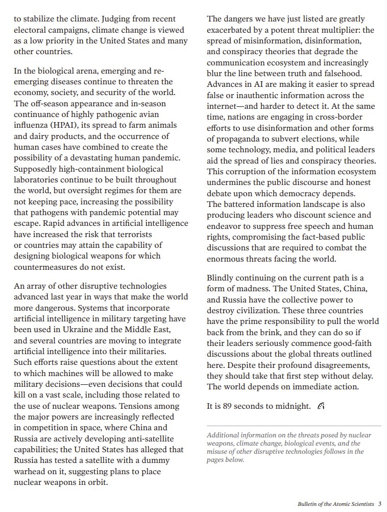 HaydnBelfield's tweet photo. As I do every year, I encourage people not just to look at the time on the Doomsday Clock (89 Seconds to Midnight!) but also to read the Bulletin's Statement.

Wonderful &amp; concise overview of the catastrophic risks we face.

I've put literally all of it in this &amp; the next tweet! https://t.co/OYQ3z6nLlu