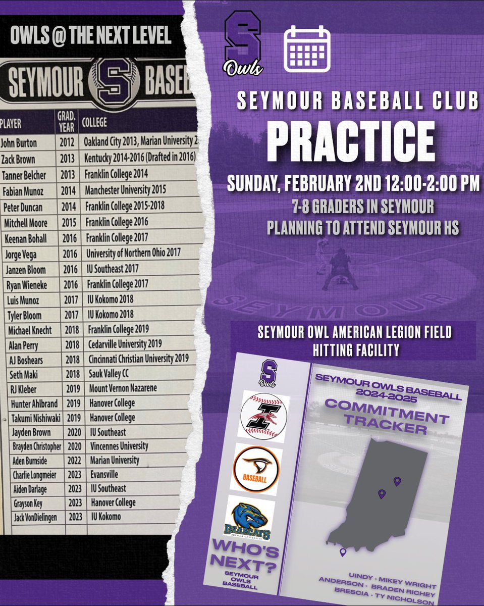🚨🚨🚨7th &amp; 8th Graders interested in playing baseball at Seymour High School.

The first practice is Sunday February 2nd at 12:00 in the SHS Hitting Facility. More information will be provided at the practice. Be prepared to be outside on turf and inside the hitting facility.