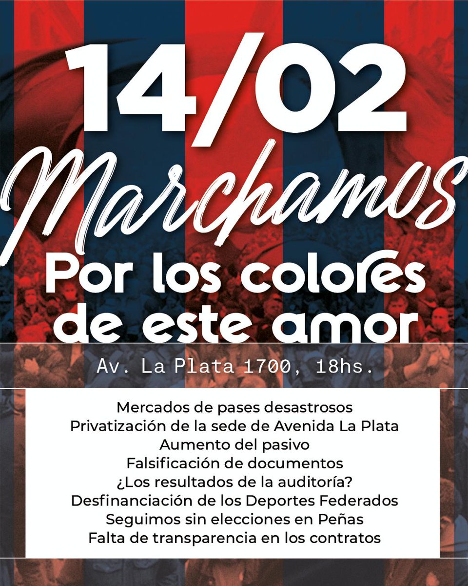 Hay mucho para reclamar, hay mucho para cambiar.
Queremos un #SanLorenzo mejor, vamos a exigirlo todos juntos.
 
Los esperamos en Avenida La Plata.

#14FEnamoradosDeSL 
💙❤️💙