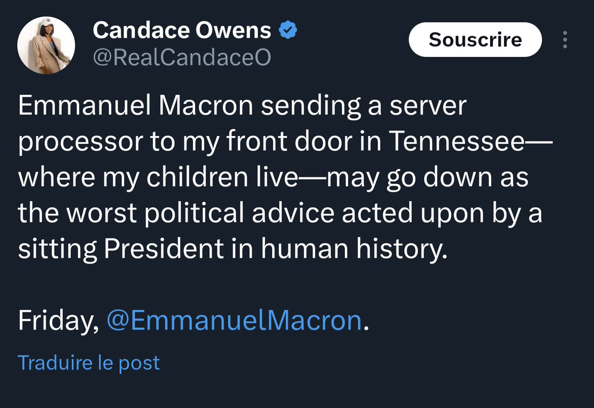 AESinfos's tweet image. #AESinfo | #France 🇨🇵
"L'envoi par Emmanuel Macron d'un huissier à ma porte pourrait être la pire décision de l'histoire" : Candace Owens prévient avant ses révélations sur Brigitte Macron

La polémiste américaine Candace Owens, proche de Donald Trump intensifie les tensions…
