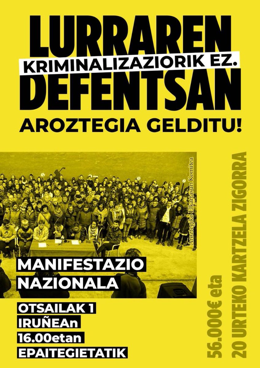 Aroztegiaren kontra borrokatu zutenen aurkako prozesu judizial honek kriminalizazioa du helburu.

Bat egiten dugu Aroztegiko Elkartasun Komiteak larunbaterako Iruñean deitu duen mobilizazioarekin, eta bertaratzeko deia luzatzen dugu.

✊🏼Lurraren defentsan, kriminalizaziorik ez!