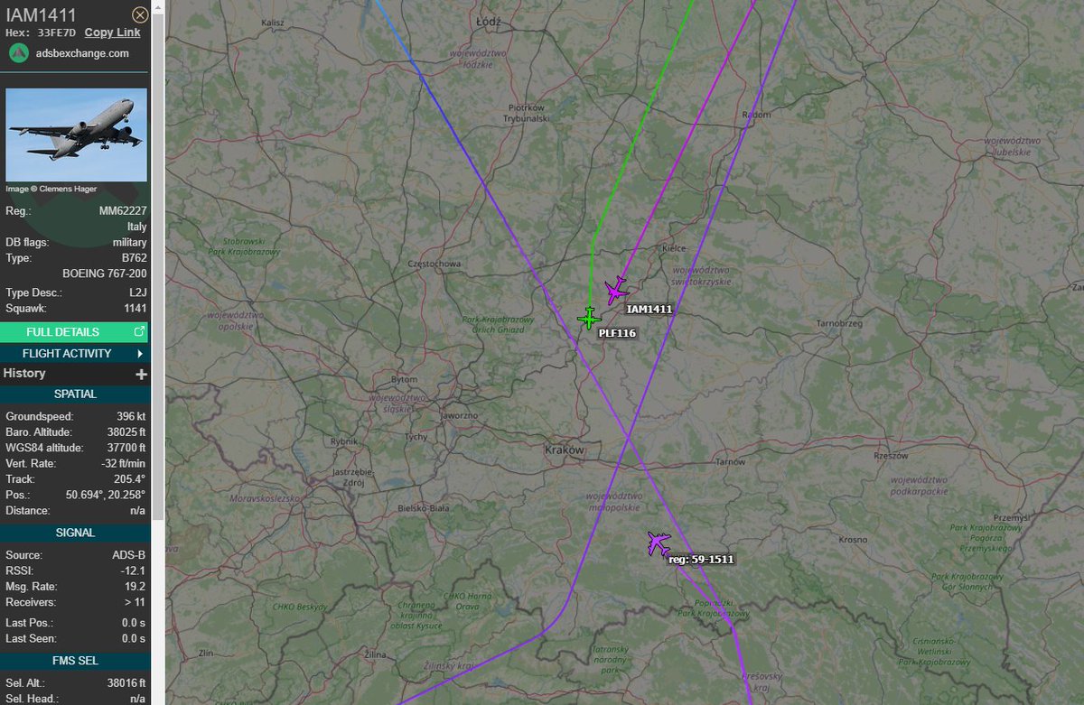 PolishMilRadar's tweet photo. βοΈ 28.01 11:00Z
#IAM1411 B762 "MM62227" after air-to-air refuelling over Latvia, RTB to likely to Pratica di Mare AB #LIRE)
#RAKE61 KC135 "59-1511" after air-to-air refuelling over Romania RTB to Powidz Air Base #EPPW
#PLF116 M28 "0223" flying from Warsaw #EPWA to Krakow #EPKK https://t.co/vkE5q2wxGe