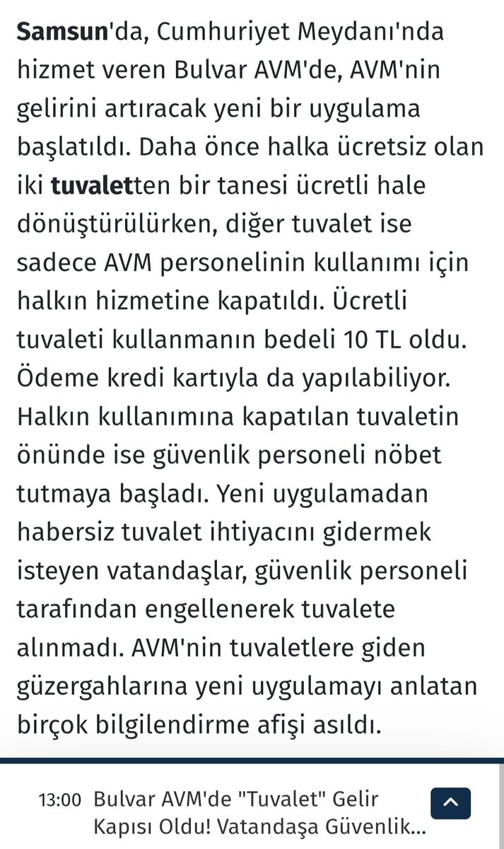 samsunolay's tweet photo. İşsizlikten kan ağlayan AVM vatandaştan tuvalet parası almanın derdine düştü. Kızılırmak'ın haberine göre Samsun Bulvar AVM'deki tuvaletler müşterilerin ücretsiz hacet giderimine kapatıldı! #bulvaravm #samsun https://t.co/Fknbgqm81r