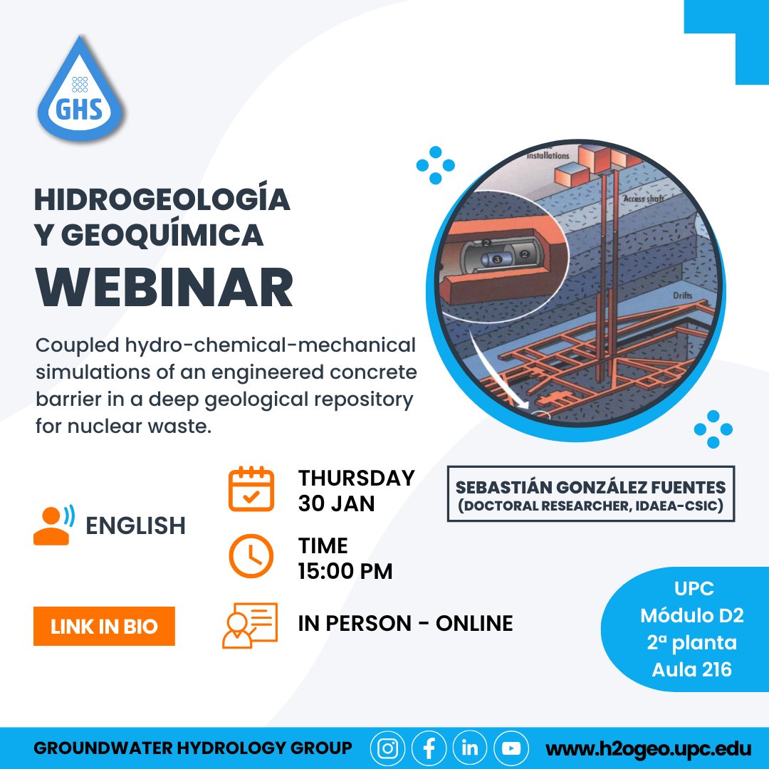 📢 NEW WEBINAR

🗣 Sebastián González Fuentes (Doctoral Researcher, IDAEA-CSIC)

Title: Coupled hydro-chemical-mechanical simulations of an engineered concrete barrier in a deep geological repository for nuclear waste

Jueves 30 de Enero en directo en: meet.google.com/snb-qdkn-eex