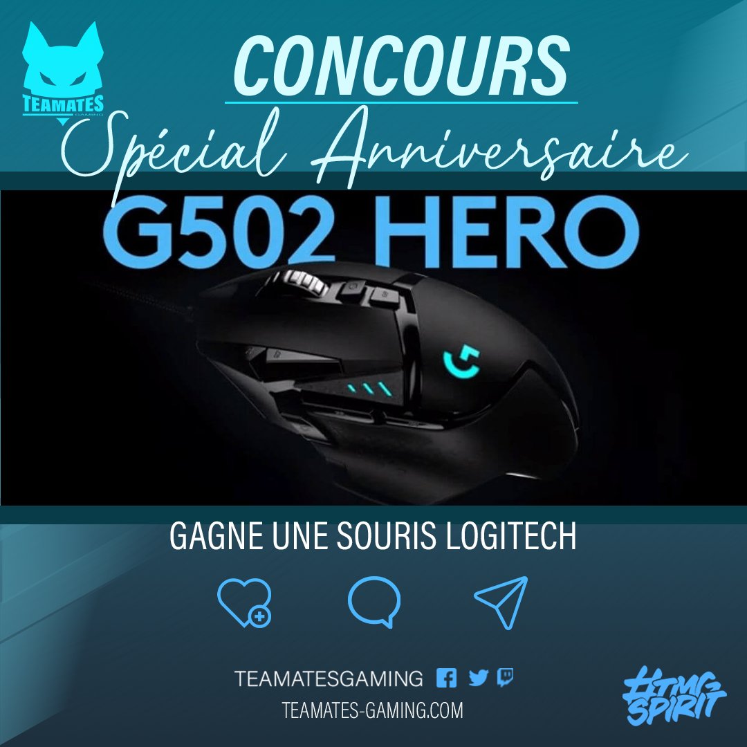 Teamates Gaming (@teamatesg) on Twitter photo 🎉Teamates Gaming fête ses 8 ans ! 🎉
Pour fêter ça, on vous fais gagner une souris Logitech g502 HERO 🔥🖱️
Pour participer, il faut :
• Follow <a href="/TeamatesG/">Teamates Gaming</a>
• RT ce tweet 🔁
• Mentionne deux amis 🗨️
Good luck !
#TmGSpirit #JeuConcours 🎉Teamates Gaming fête ses 8 ans ! 🎉
Pour fêter ça, on vous fais gagner une souris Logitech g502 HERO 🔥🖱️
Pour participer, il faut :
• Follow <a href="/TeamatesG/">Teamates Gaming</a>
• RT ce tweet 🔁
• Mentionne deux amis 🗨️
Good luck !
#TmGSpirit #JeuConcours