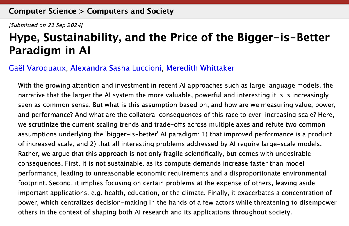 Meredith Whittaker (@mer__edith) on Twitter photo With the market & AI mythos reeling post-DeepSeek, it seems like a good time to reup this year-old paper, on the perils of the "bigger is better" approach to AI, coauthored with <a href="/SashaMTL/">Sasha Luccioni, PhD 🦋🌎✨🤗</a> + <a href="/GaelVaroquaux/">Gael Varoquaux 🦋</a>
arxiv.org/abs/2409.14160 With the market & AI mythos reeling post-DeepSeek, it seems like a good time to reup this year-old paper, on the perils of the "bigger is better" approach to AI, coauthored with <a href="/SashaMTL/">Sasha Luccioni, PhD 🦋🌎✨🤗</a> + <a href="/GaelVaroquaux/">Gael Varoquaux 🦋</a>
arxiv.org/abs/2409.14160