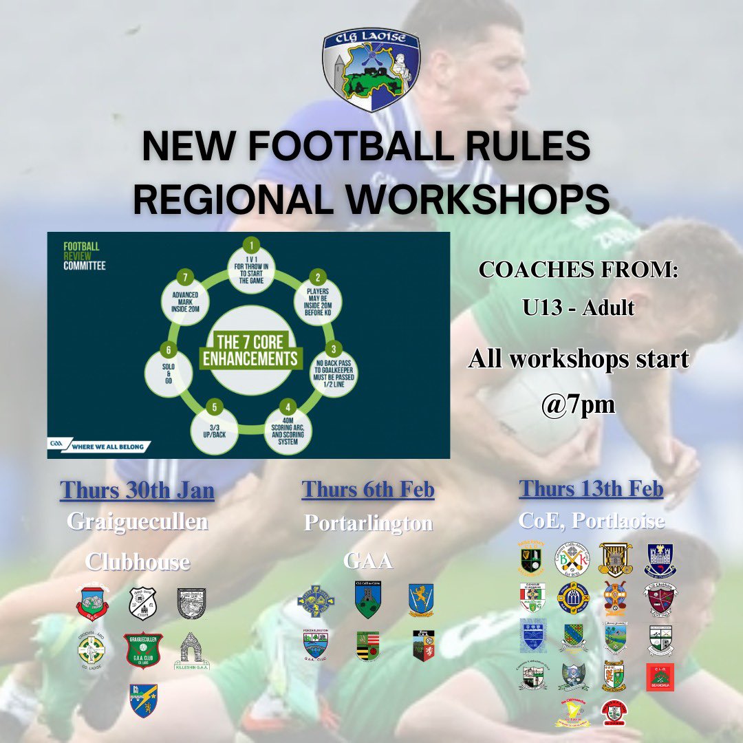 Reminder 🚨 

New Rules Workshop Night 2 takes place this coming Thursday 30th January in Graiguecullen GAA at 7pm

Registration of attendance closing this evening (Tuesday) 28th 5pm.

forms.office.com/e/GVAnUsMFFB