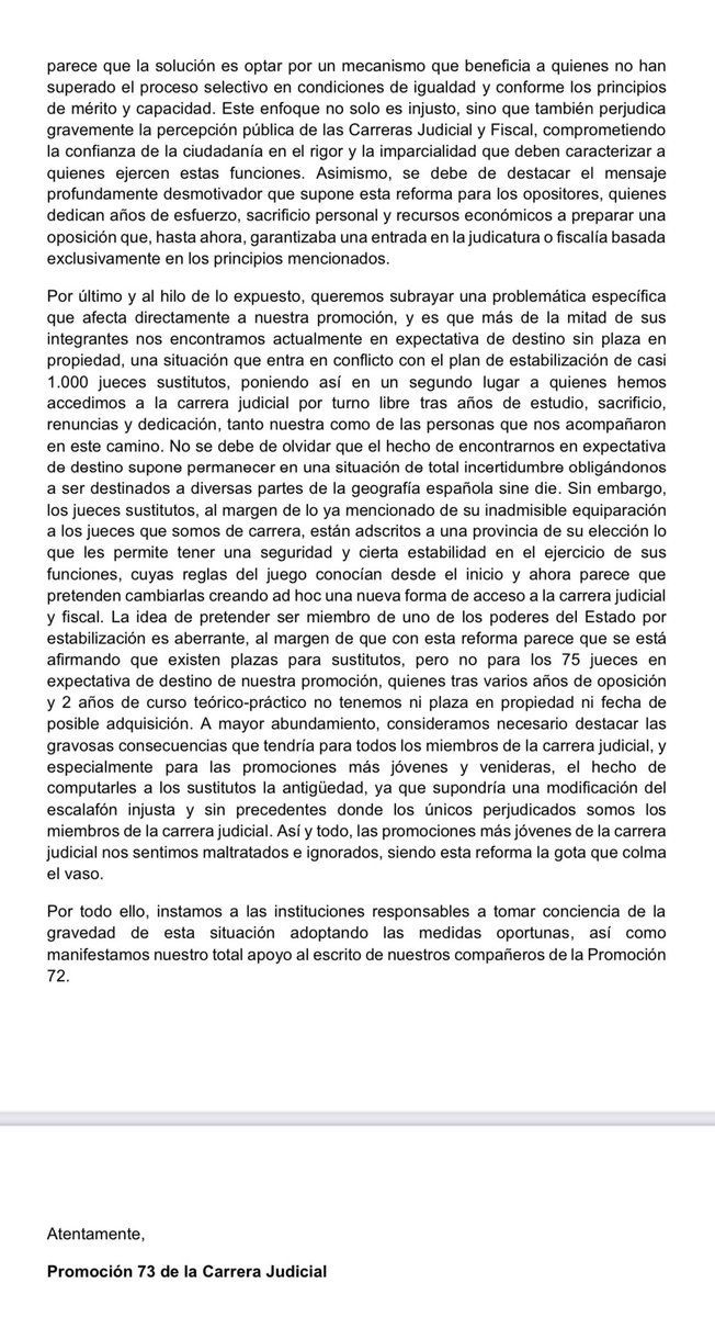 raulfernandezgz's tweet photo. 🔴COMUNICADO - PROMOCIÓN 73 - DE LA CARRERA JUDICIAL🔴

- Máximo apoyo al escrito de la P. 72.
- Rechazo al ascenso forzoso.
- NO a la estabilización de los sustitutos.
- Más del 50% de la Promoción sin plaza. https://t.co/ZqLoz4x6rT