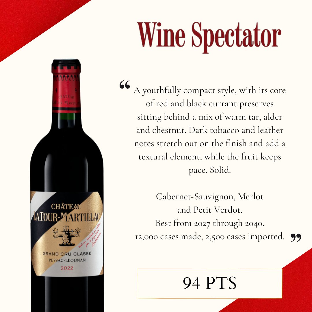 🇬🇧 Château Latour-Martillac 2022 Red rated 94 pts by James Molesworth, <a href="/WineSpectator/">Wine Spectator</a>
🇫🇷 Château Latour-Martillac 2022 Rouge noté 94/100 par James Molesworth du Wine
Spectator Magazine.
#ratings #wine #bordeauxwine #pessacleognan #2022vintage