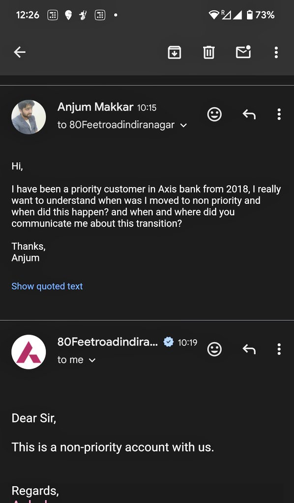 anjummakkar's tweet photo. @AxisBankSupport @AxisBankSupport This is how your bank people are replying back to a customer's concern, they converted my account to non priority without any communication and charging me now for the debit card, it's a straight forward fraud! https://t.co/pBKwNHUTj8