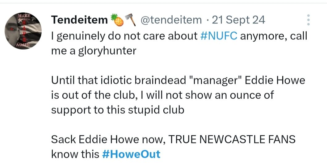 Videozz17's tweet image. Day 3 of the "Eddie Howe Out Whopper" awards is upon us &amp;amp; it's going to @tendeitem! Didn't hear a peep during our recent win streak, straight back on the bandwagon after the collapse vs the cherry's! Interest feed too, think this one needs to seek professional help #HoweOut #NUFC