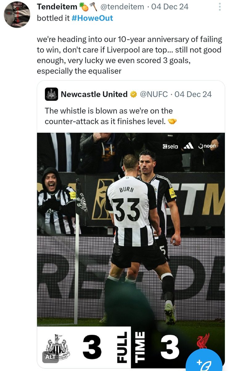 Videozz17's tweet image. Day 3 of the "Eddie Howe Out Whopper" awards is upon us &amp;amp; it's going to @tendeitem! Didn't hear a peep during our recent win streak, straight back on the bandwagon after the collapse vs the cherry's! Interest feed too, think this one needs to seek professional help #HoweOut #NUFC