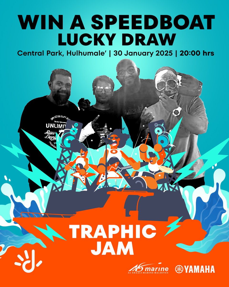 Catch <a href="/traphicjammv/">Traphic Jam</a>   live as they take the stage at the Win a Speedboat Lucky Draw Event!

📅 30 January 2025
🕗 8 PM
📍 Central Park, Hulhumalé

Don’t miss the grand lucky draw event for the Al Shaali Marine Magellan 32 Speedboat! 

<a href="/asmarine_mv/">AS Marine Maldives</a>  <a href="/Alia_Maldives/">Alia Investments</a>