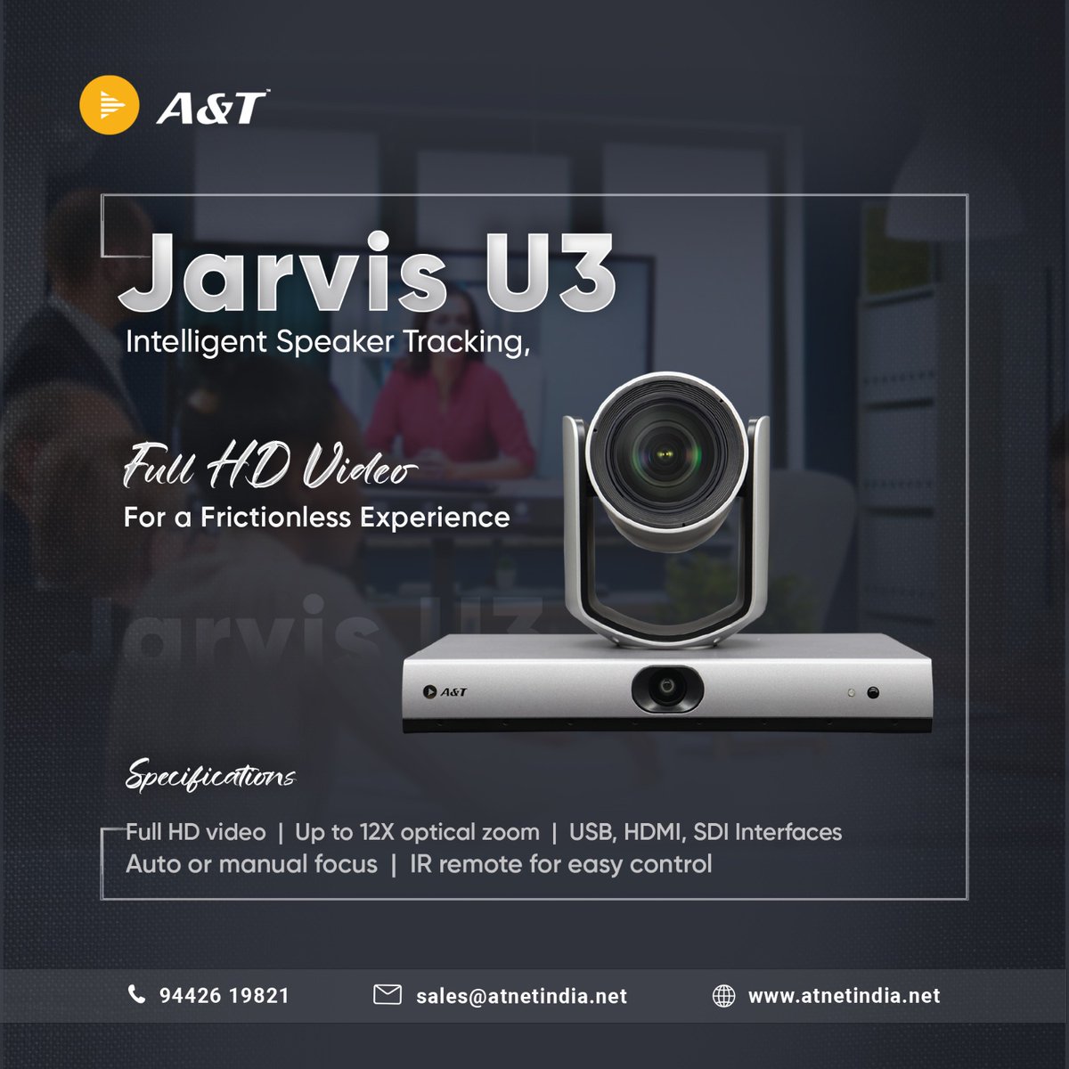 atnetvideo's tweet photo. Discover the power of effortless conferencing with A&T’s Jarvis U3. Equipped with advanced speaker tracking technology, this AI-driven camera ensures every face is seen.
To know more: https://t.co/YUR5GjK96r
#jarvisu3 #atnetindia #atvideonetworks #videoconferencingcamera https://t.co/7h3A8AvdqG
