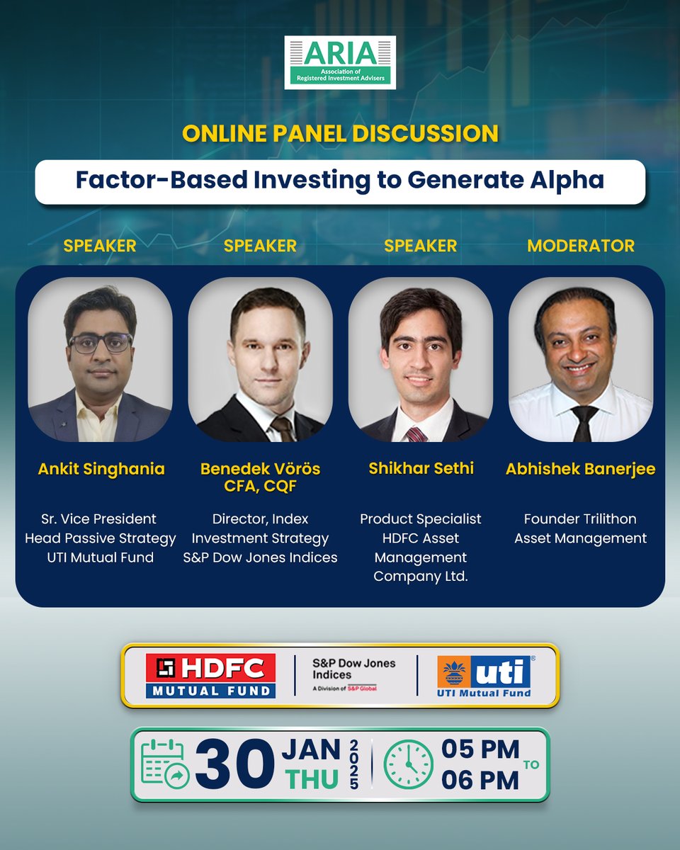 Join us for an engaging online Panel Discussion on the topic 𝘍𝘢𝘤𝘵𝘰𝘳-𝘉𝘢𝘴𝘦𝘥 𝘐𝘯𝘷𝘦𝘴𝘵𝘪𝘯𝘨 𝘵𝘰 𝘎𝘦𝘯𝘦𝘳𝘢𝘵𝘦 𝘈𝘭𝘱𝘩𝘢 that brings together some of the brightest minds in the investment industry! 🌟

🎙𝐒𝐩𝐞𝐚𝐤𝐞𝐫𝐬:
Ankit Singhania - Sr. Vice President, Head
