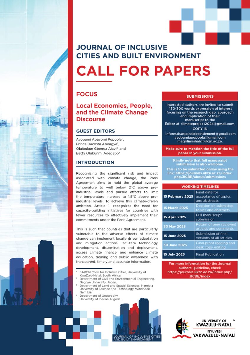 DrAyopop's tweet image. I am delighted to announce a call for "Local Economies, People, and the Climate Change Discourse" papers in the Journal of Inclusive Cities and Built Environment.

Abstract submission February 15, 2025. #climatechange #scientist #localenvironment #adapation #Peopleandclimate