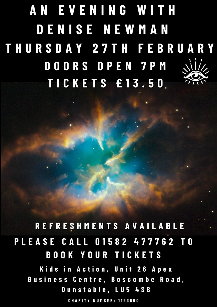 Denise Newman is back in February Please call the office on 01582 477762 to book your tickets  #kidsinaction #denisenewman #clairvoyant