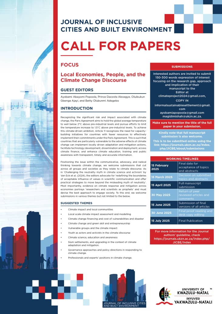 DrAyopop's tweet image. I am delighted to announce a call for "Local Economies, People, and the Climate Change Discourse" papers in the Journal of Inclusive Cities and Built Environment.

Abstract submission February 15, 2025. #climatechange #scientist #localenvironment #adapation #Peopleandclimate