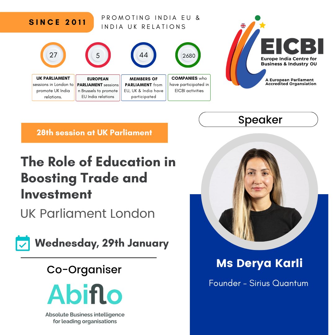 Introducing <a href="/DeryaKarl/">Derya Karli</a>, speaker at our UK Parliament session ‘The Role of Education in Boosting Trade and Investment’, on Jan 29, 2025.

Details: lnkd.in/gfzMzSM3

#EICBI #GlobalLeaders #EducationAndTrade #Networking #KeynoteSpeakers #UN #InternationalDayofEducation