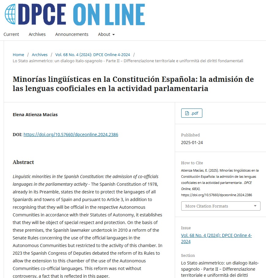 Un honor publicar en:
📘Rivista Diritto Pubblico Comparato ed Europeo - DPCE Online, 4/2024
🏛️Mi paper: Minorías lingüísticas en la Constitución Española: la admisión de las lenguas cooficiales en la actividad parlamentaria
ℹ Disponible: lnkd.in/ddqcpxiN