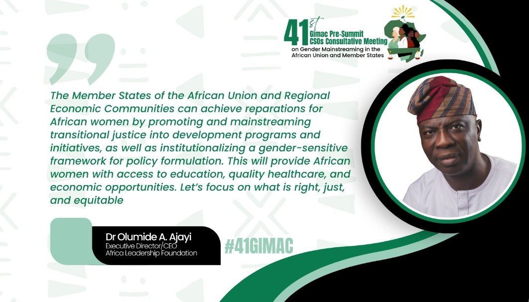 Olumide Ajayi (@drolumi) on Twitter photo Join me and other stakeholders at the <a href="/GimacNetwork/">GIMAC Network</a> Pre-Summit Meeting happening 6-8 February 2025 under the theme "Advancing the Agenda for Justice and Reparations for African Women and Girls"
#41GIMAC #GenderJustice
#AUSummit #Agenda2063
#AfricaLeadershipFoundation
<a href="/alf_NGR/">Africa Leadership Foundation</a> Join me and other stakeholders at the <a href="/GimacNetwork/">GIMAC Network</a> Pre-Summit Meeting happening 6-8 February 2025 under the theme "Advancing the Agenda for Justice and Reparations for African Women and Girls"
#41GIMAC #GenderJustice
#AUSummit #Agenda2063
#AfricaLeadershipFoundation
<a href="/alf_NGR/">Africa Leadership Foundation</a>