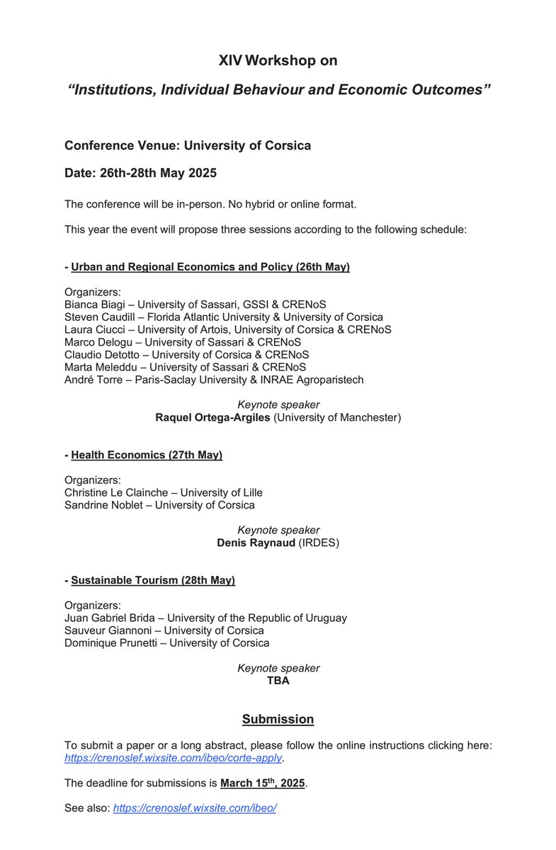 Claudio Detotto 🇪🇺 (@claudio_detotto) on Twitter photo 📣XIV WORKSHOP #IBEO in Corsica (Corte)
🚨three topics:
- Urban & regional economics & policy, 26 May
- Health economics, 27 May
- Sustainable tourism, 28 May
🗓️Submission deadline: 15 March
👉crenoslef.wixsite.com/ibeo/corte-app…
<a href="/biancabiagi/">Bianca Biagi</a> <a href="/TorreAndr/">André Torre</a> <a href="/lciuccipoggi/">laura ciucci</a> <a href="/r_ortegaargiles/">Raquel Ortega-Argiles</a> 📣XIV WORKSHOP #IBEO in Corsica (Corte)
🚨three topics:
- Urban & regional economics & policy, 26 May
- Health economics, 27 May
- Sustainable tourism, 28 May
🗓️Submission deadline: 15 March
👉crenoslef.wixsite.com/ibeo/corte-app…
<a href="/biancabiagi/">Bianca Biagi</a> <a href="/TorreAndr/">André Torre</a> <a href="/lciuccipoggi/">laura ciucci</a> <a href="/r_ortegaargiles/">Raquel Ortega-Argiles</a>