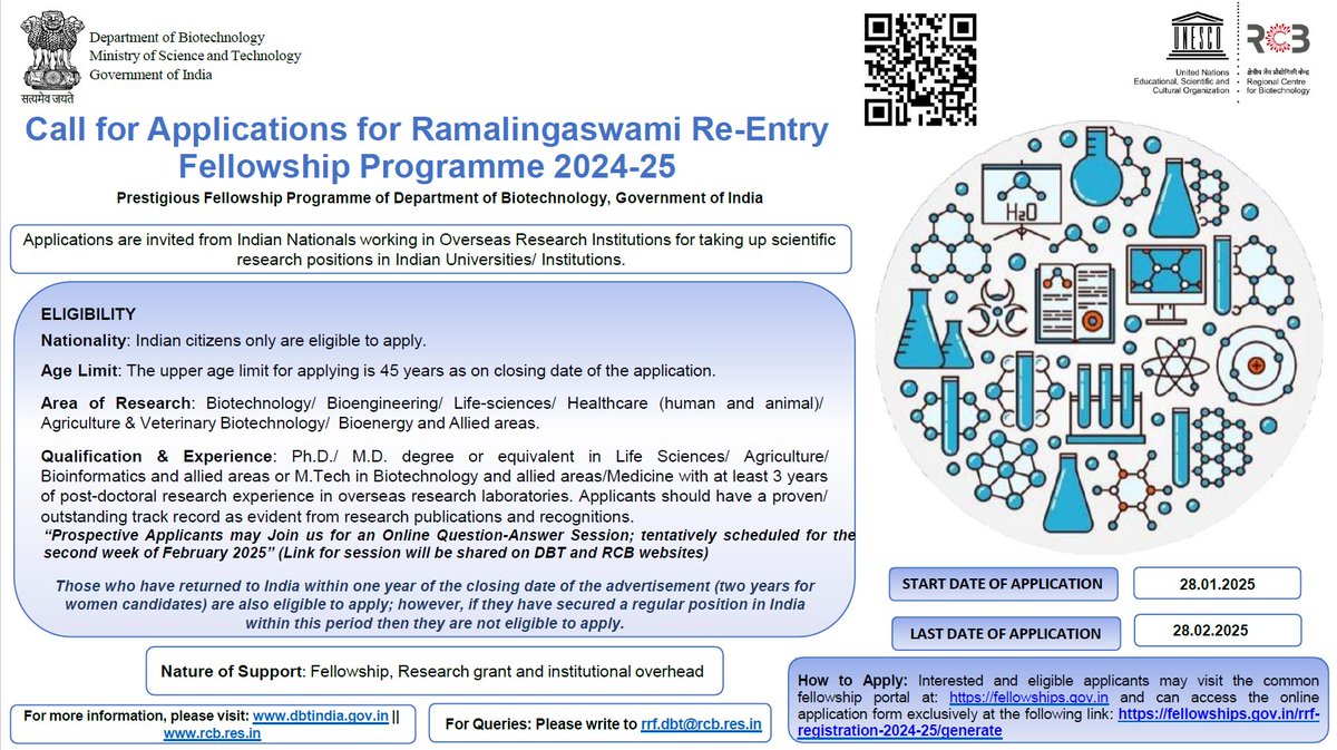 📢We are now calling for applications for #Ramalingaswami Re-entry #fellowship. 

Applications are invited from Indian Nationals working in Overseas Research Institutions for taking up scientific research positions in Indian Universities/ Institutions.

🔗 Click to apply: