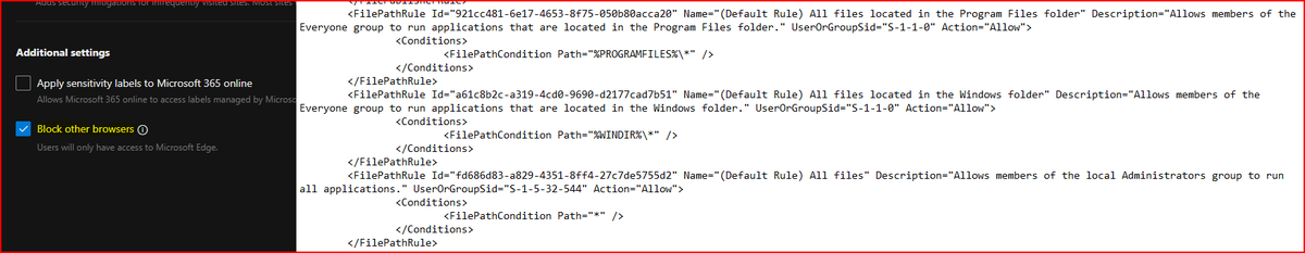 Fun Fact: The "Block other browsers" setting via the #EdgeManagementService automatically creates an AppLocker policy which has the side-effect of easily stopping installs being run from non user-writable locations.
All that value from a simple toggle!
learn.microsoft.com/en-us/deployed…