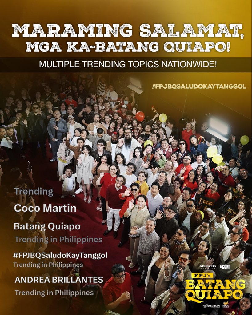 MARAMING SALAMAT, mga ka-Batang Quiapo sa multiple trending topics nationwide at sa mainit na pagtanggap sa panibagong yugto ng FPJ’s Batang Quiapo ❤️🙏🏻 #FPJBQSaludoKayTanggol

#FPJsBatangQuiapo gabi-gabi, 8PM sa Kapamilya Channel, Kapamilya Online Live, Cinemo, A2Z, at TV5!