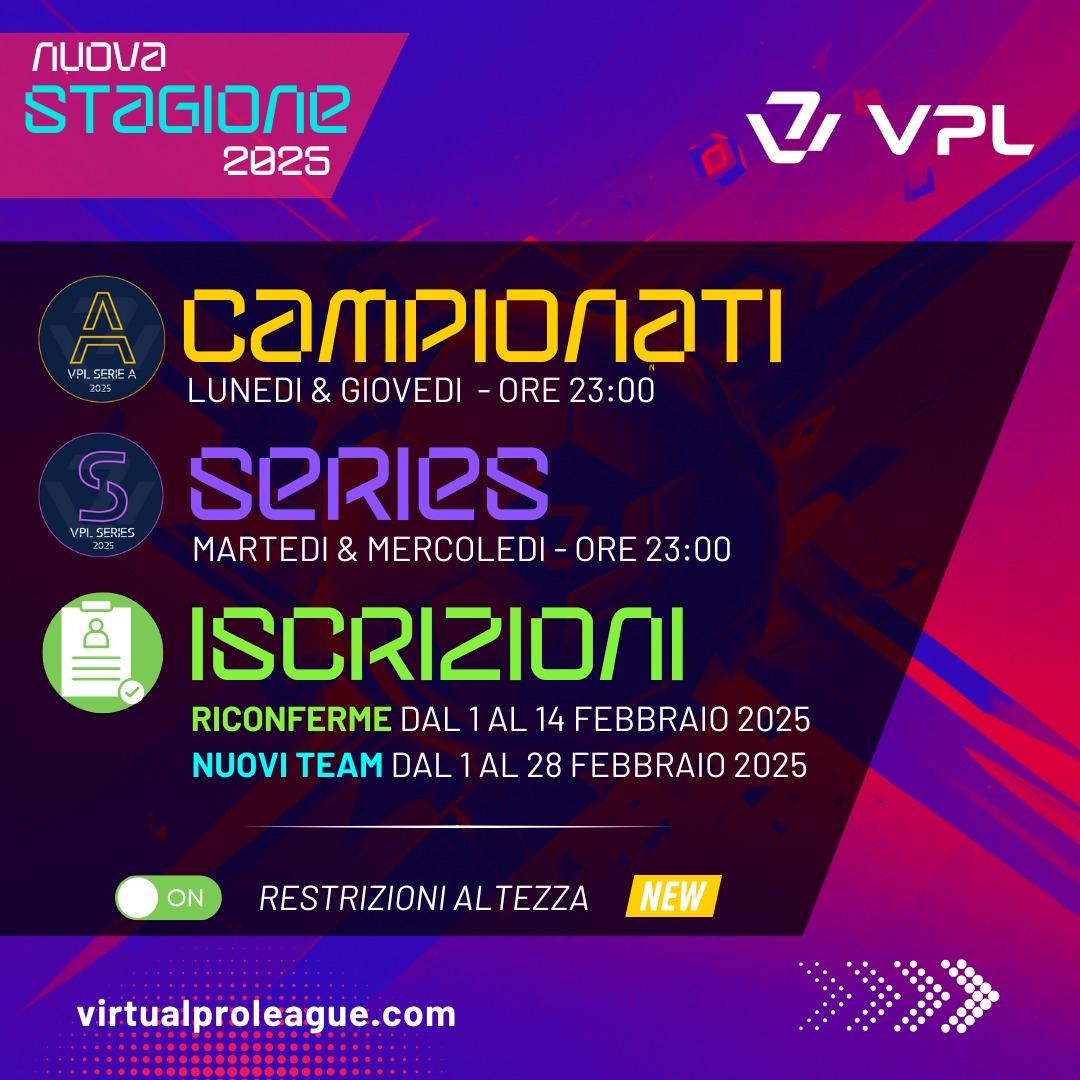 VPL Italy ๐ฎ๐น (@vplitaly) on Twitter photo ๐ L'ANNUNCIO CHE STAVATE ASPETTANDO ร QUI! ๐
๐ Per la prossima stagione in partenza le novitร sono tante:
- ๐๐ SBARCANO SULLA SCENA ITALIANA LE RESTRIZIONI SULLE ALTEZZE in allineamento con <a href="/VPLglobal/">Virtualproleague</a> e come richiesto dalla Community; ๐
- Cambiano gli orari; ๐
- ๐ L'ANNUNCIO CHE STAVATE ASPETTANDO ร QUI! ๐
๐ Per la prossima stagione in partenza le novitร sono tante:
- ๐๐ SBARCANO SULLA SCENA ITALIANA LE RESTRIZIONI SULLE ALTEZZE in allineamento con <a href="/VPLglobal/">Virtualproleague</a> e come richiesto dalla Community; ๐
- Cambiano gli orari; ๐
-