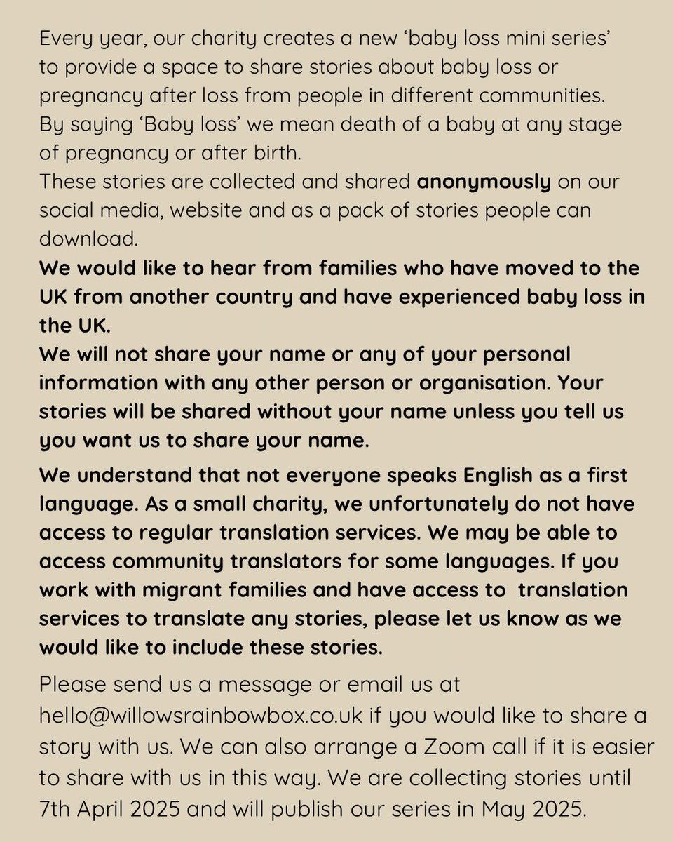 Our 2025 baby loss mini series will focus on the experiences of migrant families. If you moved to the UK from another country and experienced the death of a baby in pregnancy at any stage or after birth - and would like to share your story (anonymously) for our series - DM us!