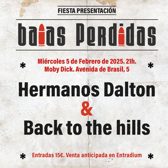 hoyesarte.com (@hoyesarte_com) on Twitter photo 🗓 El 5 de febrero celebraremos la fiesta de #BalasPerdidas, el boletín para gourmets del rock and roll
👉Lo haremos en <a href="/MobyDickClub/">MobyDickClub</a> con dos grandes bandas de la escena alternativa:
🎸#LosHermanosDalton
🎸<a href="/backto_thehills/">backtothehills</a>
🏃 entradium.com/es/events/fies…
<a href="/Rock_Indiana/">Rock Indiana Records</a> 🗓 El 5 de febrero celebraremos la fiesta de #BalasPerdidas, el boletín para gourmets del rock and roll
👉Lo haremos en <a href="/MobyDickClub/">MobyDickClub</a> con dos grandes bandas de la escena alternativa:
🎸#LosHermanosDalton
🎸<a href="/backto_thehills/">backtothehills</a>
🏃 entradium.com/es/events/fies…
<a href="/Rock_Indiana/">Rock Indiana Records</a>