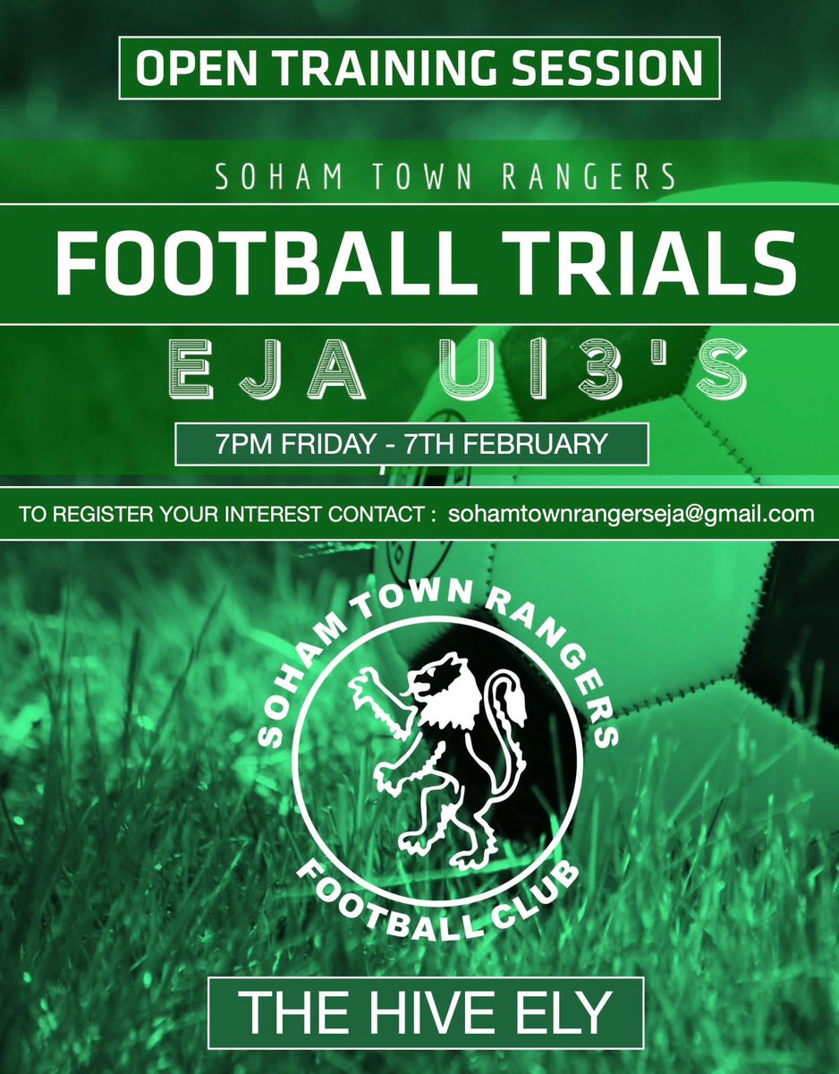 🚨 Will you/someone you know be an U13s player next season (2025/26) and are looking to further develop? 

Soham Town Rangers will be holding an open training session at The Hive, Ely for potential prospects! 🙌

More information in the photo below ⬇️ 

#STRFC