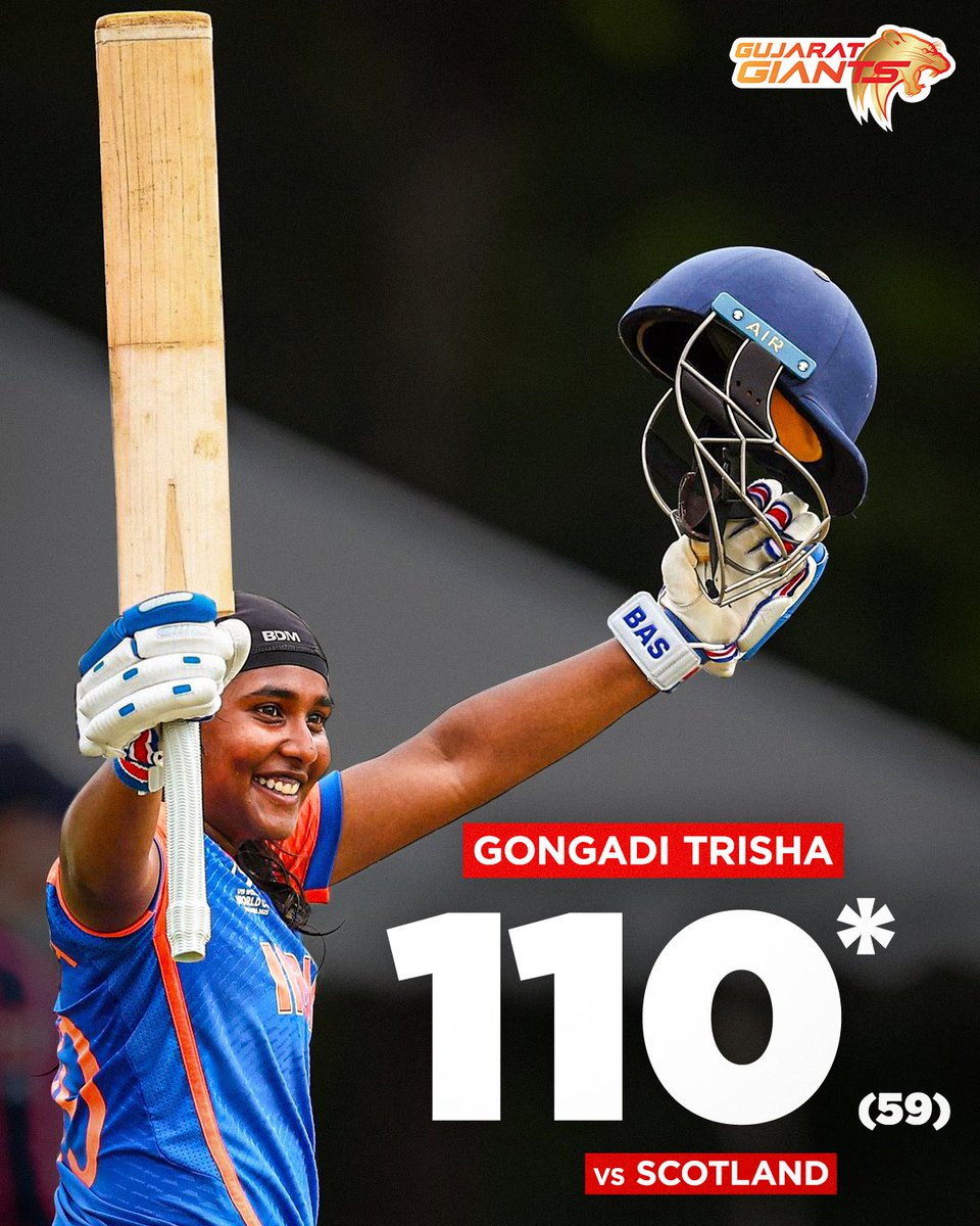 Giant_Cricket's tweet photo. A record-breaking 💯 from @gtrisha against 🏴󠁧󠁢󠁳󠁣󠁴󠁿! 🔥

With that, 🇮🇳 storms into the semis of the #U19WorldCup! 💙

#TATAWPL #GujaratGiants #Adani #BringItOn #TeamIndia #INDvSCO
[📸: ICC] https://t.co/WU0qd2OIRB