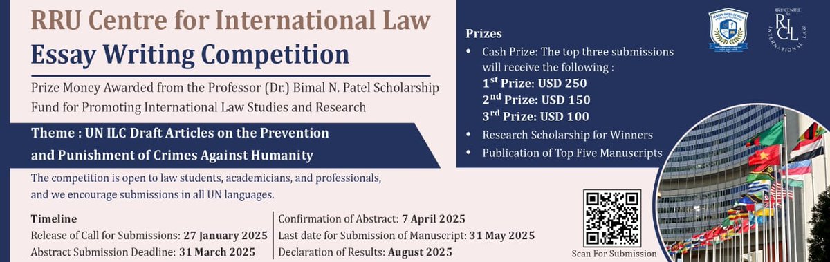 🌟 Attention Scholars! 🌟

Submit essays on:
"UN ILC Draft Articles on Crimes Against Humanity" 

 Submissions in all UN languages

🏆 Top 3 essays win prize money from Prof. (Dr.) Bimal N. Patel Scholarship Fund!

For more details: linkedin.com/feed/update/ur…