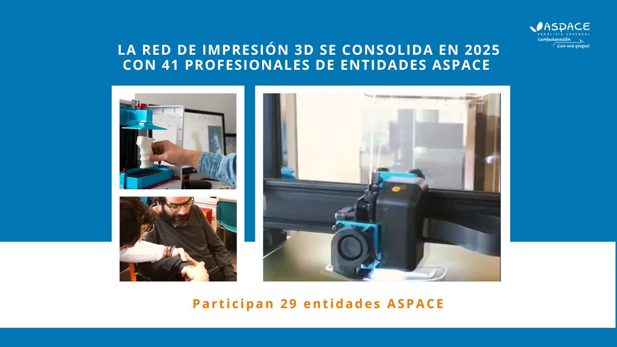 👉 La #Impresión3D sigue marcando la diferencia en #ParálisisCerebral.

En 2025 consolidamos esta Red con 4⃣1⃣ profesionales de 2⃣9⃣ entidades ASPACE.

Sus objetivos👉 crear #apoyos individualizados, #accesibles y #asequibles para todas las personas. 🌍✨cutt.ly/le4Ii8ik
