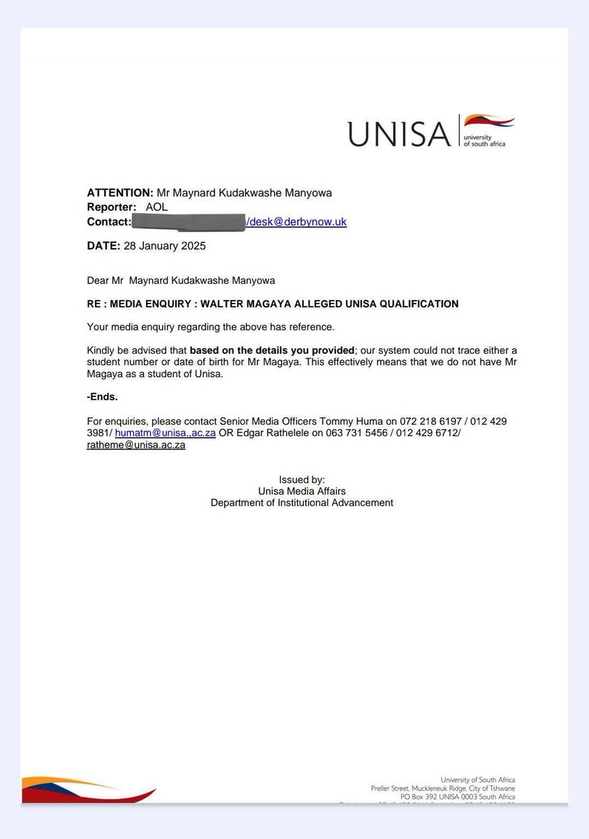 Magaya forged the diploma UNISA has confirmed kikiki