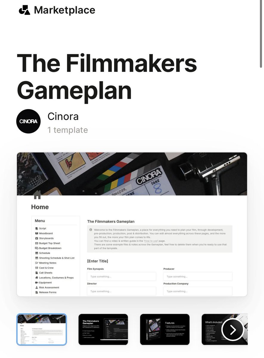 #filmmakers My digital tool for planning productions has just gone live on #notion Marketplace! It officially launches on Friday but anyone would like to check it out or would like a 20% early bird discount comment below! 
notion.com/templates/the-…