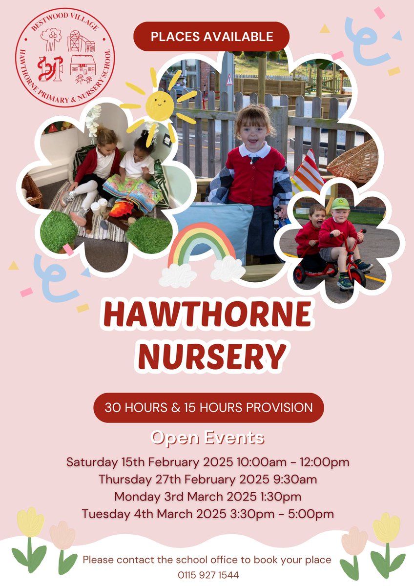 FHPHawthorne's tweet photo. *Nursery Open Events*

15 hours &amp; 30 hours Provision Available!

Please see the dates and times for our upcoming open events on our flyer. If you would like to sign up to one of the sessions, please contact our school office https://t.co/S9sFcSHvRd