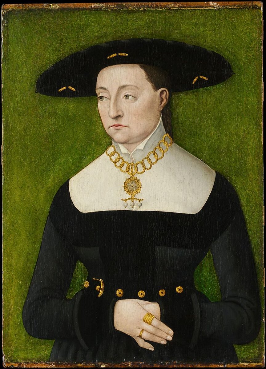 Katharina Merian.
Atribuido a Hans Brosamer
1536.
Este retrato se completó cuando el modelo tenía unos treinta y ocho años. Entre los objetos de joyería destacamos, los adornos del sombrero, el collar, el medallón y el cinturón y  los anillos