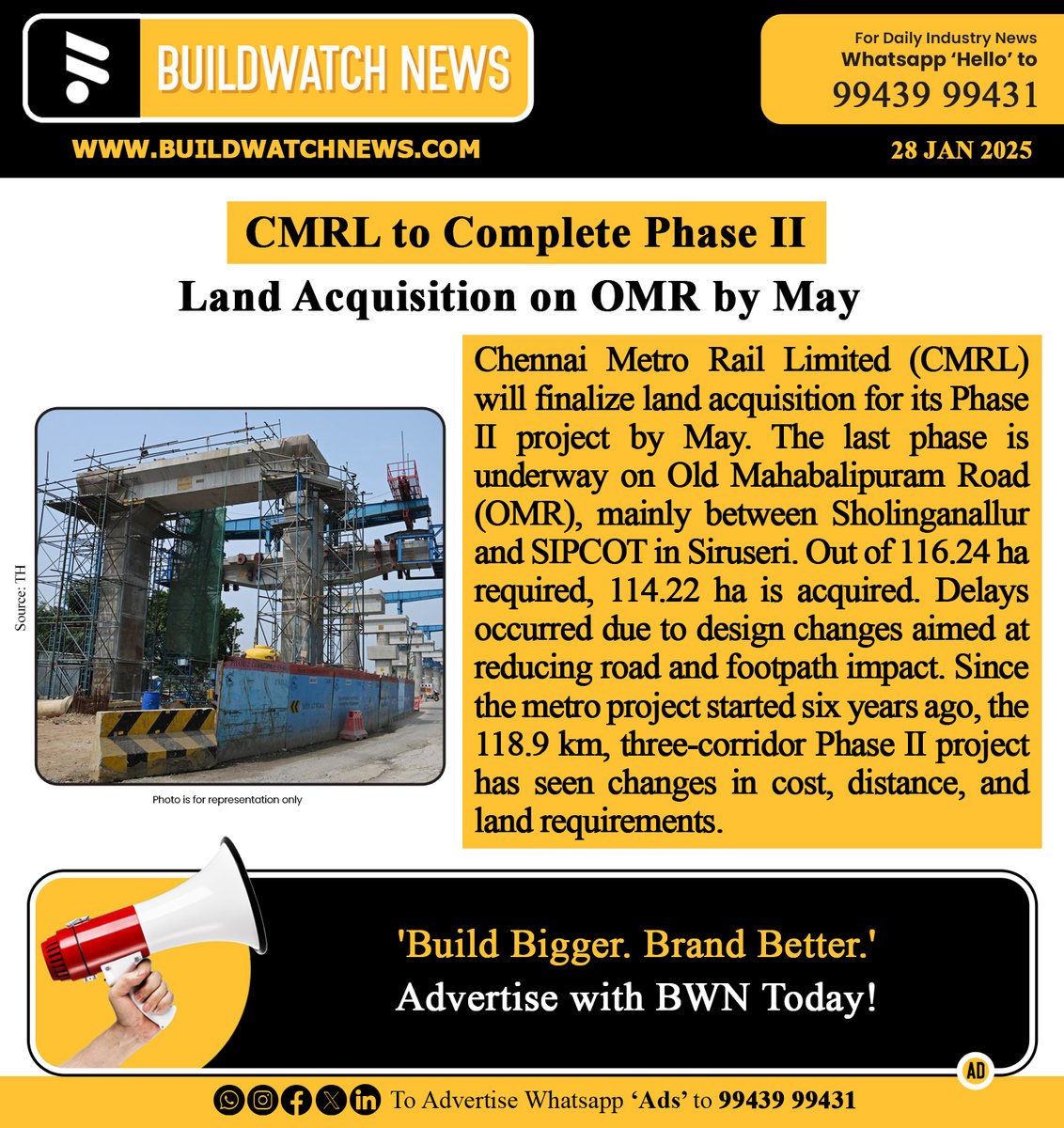 BuildWatchNEWS's tweet photo. CMRL to Complete Phase II Land Acquisition on OMR by May  

🔗Read More: [https://t.co/oxNfWHmvq2]

#BuildWatchNews #CMRL #ChennaiMetro #OMR #MetroPhase2 #UrbanTransport #Infrastructure #BWNConstructionNews #BWNMetroUpdates #BWNMetroNews #BWNChennaiUpdates #BWNInfraUpdates https://t.co/75lCf55DJ7