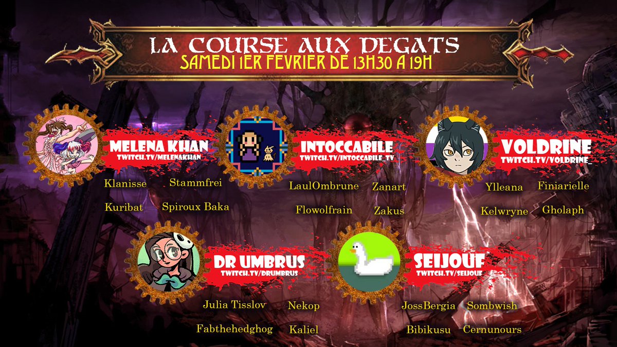 Samedi c'est enfin le retour du plus gros evenement de ma chaine twitch !

La course aux dégâts ! 
5 équipes de 5 personnes lancer sur un MMO qu'ils ne connaissent pas !

Leurs objectifs ? Réussir à être les premiers a remplir des objectifs pour gagner le plus de points !
