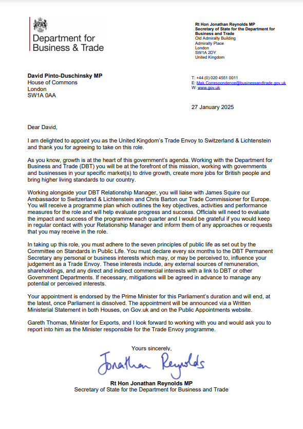 DavidPintoD's tweet photo. Very pleased to have been appointed the UK’s Trade Envoy to Switzerland & Liechtenstein.

Looking forward to helping deliver the Government’s growth mission and delivering our Plan for Change by creating more opportunities for UK business to compete abroad, break into new markets and attract inward investment 🇬🇧🇨🇭🇱🇮