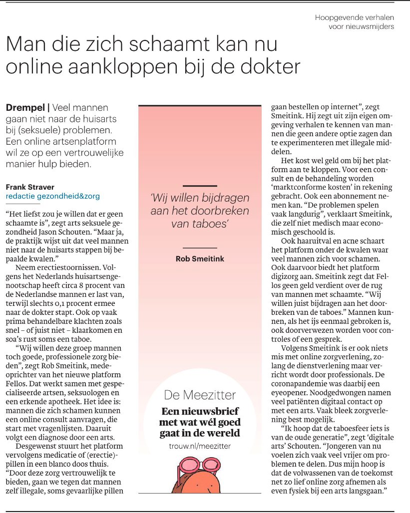 fellos_nl's tweet photo. Leuk artikel in de @trouw van maandag 27 januari over Fellos. Bij Fellos bieden we kwalitatieve zorg voor alle mannen die om wat voor reden dan ook een drempel ervaren om naar de huisarts te gaan. https://t.co/zorhQLQ54H