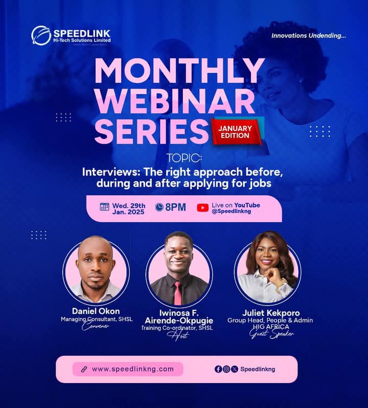 NairokSolutions's tweet photo. I am excited to inform you that our lead trainer, Nosa Favour, will be hosting a webinar series tomorrow at Speedlink Hi-Tech Solutions Limited  tagged: Interviews: the right approach before, during and after applying for Jobs.
It promises to be an interesting session. https://t.co/uhl1WqE7Rd