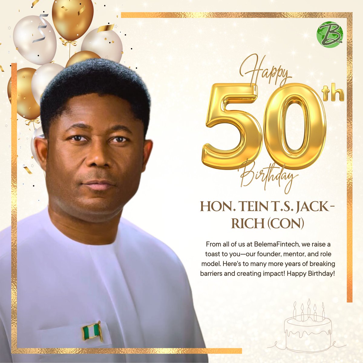Happy 50th Birthday to Our Visionary Founder! 🎉

Today, we celebrate Hon. Tein T.S. Jack-Rich (CON)—our founder, mentor, and inspiration. Your leadership, vision, and relentless drive continue to pave the way for innovation and impact.

Drop your birthday wishes in the comments!