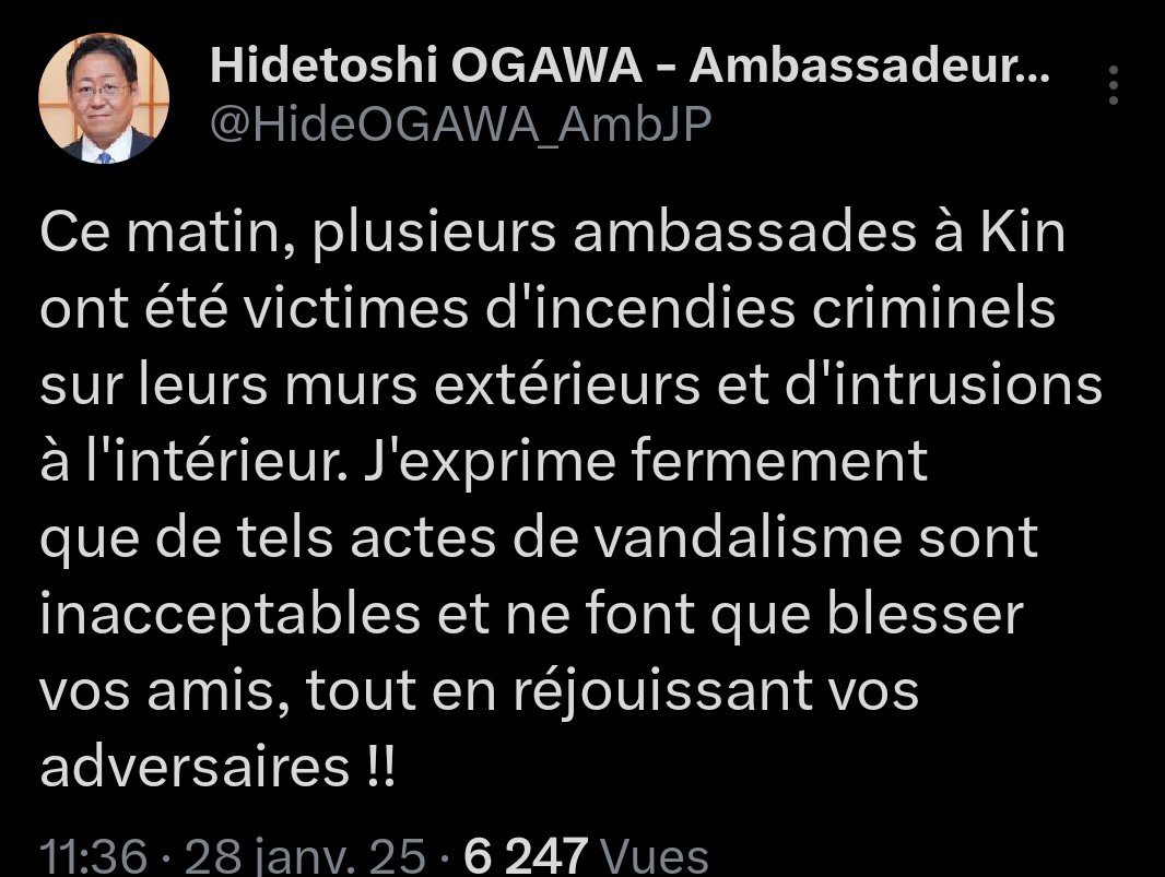 Jo Samba Kande (@jo_sambak) on Twitter photo L'ambassadeur japonais <a href="/HideOGAWA_AmbJP/">Hidetoshi OGAWA Ambassadeur du Japon en RDC et RC</a> à Kinshasa pleure leurs mures et bâtiments pendant nous, nous pleurons nos 10millions de morts everyday à cause de leur complicité et inaction.
C'est incompréhensible ! L'ambassadeur japonais <a href="/HideOGAWA_AmbJP/">Hidetoshi OGAWA Ambassadeur du Japon en RDC et RC</a> à Kinshasa pleure leurs mures et bâtiments pendant nous, nous pleurons nos 10millions de morts everyday à cause de leur complicité et inaction.
C'est incompréhensible !