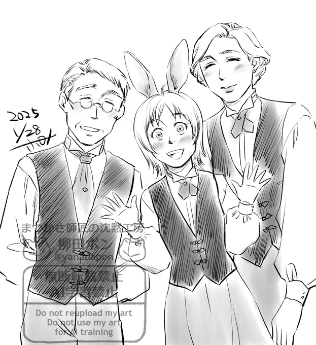 ギルドの職員さん達。ウサ耳さんはもうちょっとお姉さんに描きたいな…
強弱の強いペンで描いたみたら、ちょっと抑揚つき過ぎた。理想のペン探求はもう少し続きそうです。#メカクレ双子弟子と師匠 