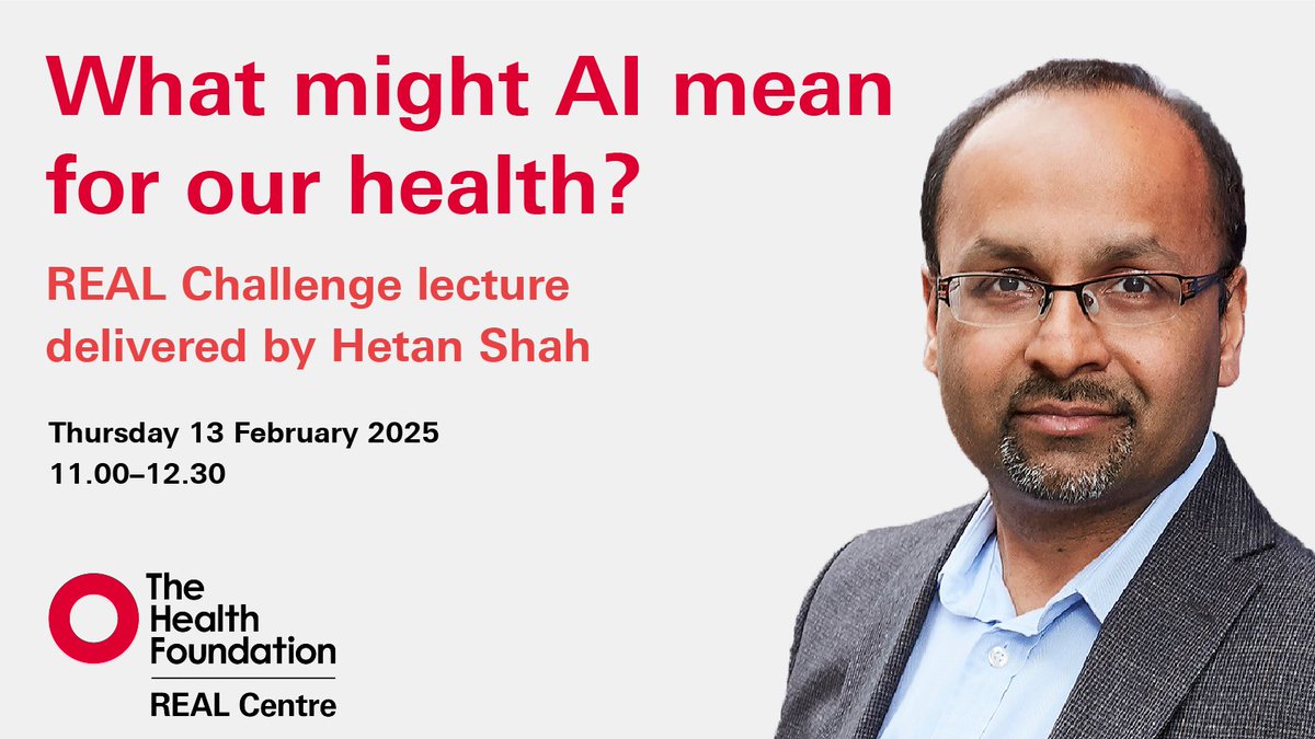 The Health Foundation (@healthfdn) on Twitter photo How can we make sense of the opportunities and risks of #AI in health care?
We’ll be joined by <a href="/HetanShah/">Hetan Shah</a> to discuss what AI might mean for our health in our fifth #REALChallenge lecture.
Register now ⬇️
health.org.uk/events/hype-ha… How can we make sense of the opportunities and risks of #AI in health care?
We’ll be joined by <a href="/HetanShah/">Hetan Shah</a> to discuss what AI might mean for our health in our fifth #REALChallenge lecture.
Register now ⬇️
health.org.uk/events/hype-ha…